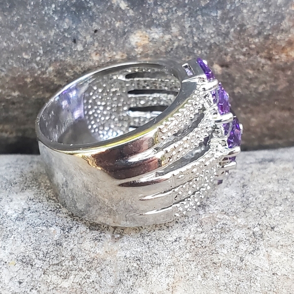 Beautiful Amethyst White Gold Rhodium Plated Ring, Wide Band NWOT - Picture 2 of 6